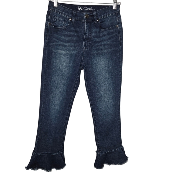 DG2 By Diane Gilman Y2K Women's Dark Wash Crop Ruffle Hem Denim Jeans Size 2 - Picture 1 of 9